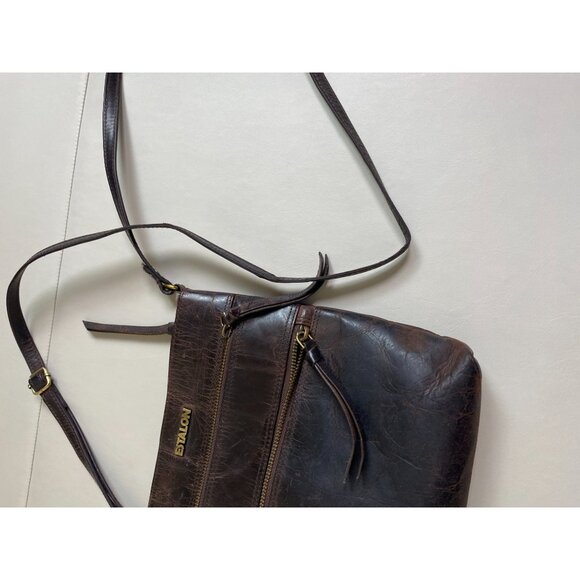 Estalon Brown Leather Crossbody Bag Zip Adjustable Strap OS 9"X 9" Boho Rustic - Picture 13 of 16